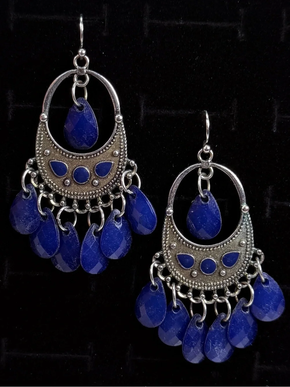 Bohemian chic Blue and Silvertone Chandelier pierced dangle Earrings